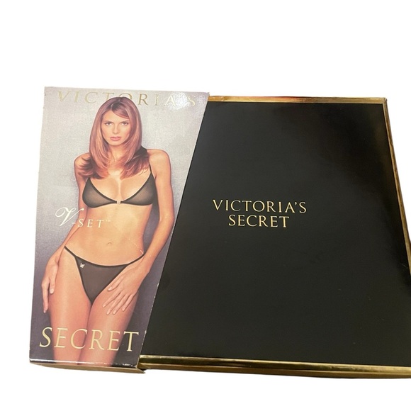 Vintage 90's Victoria's Secret Black Sheer Mesh Rhinestone V-Set Sz Small - Picture 2 of 3